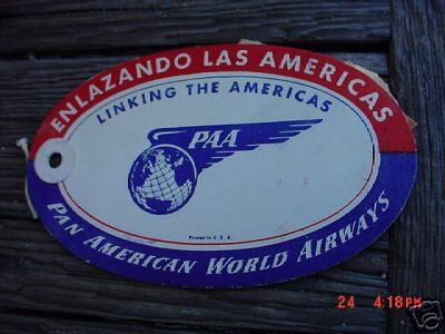 A 1940s Pan Am baggage label.   The red, white and blue colors suggest that the label may have been used during World War II. 